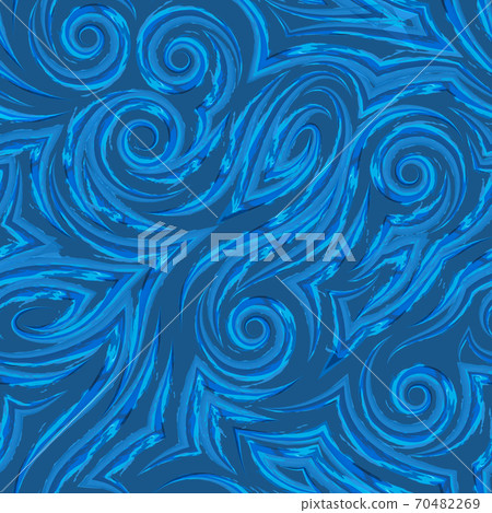 Vector watercolor seamless pattern drawn with a brush on a blue background for decor.Smooth lines with torn edges in the form of spirals of corners and loops. 70482269