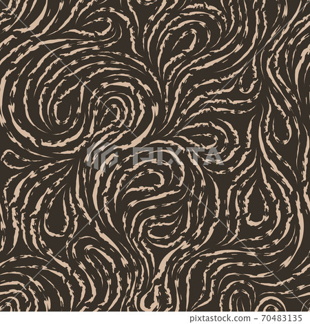 Abstract vector seamless pattern in black color from torn lines in the form of spirals of loops and curls.Texture for decoration of fabrics or wrappers in beige isolated on brown background 70483135