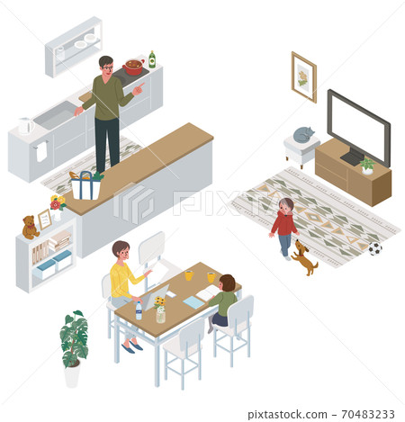 Illustration of a woman teleworking in the isometric living room, a man in the kitchen, and a family 70483233