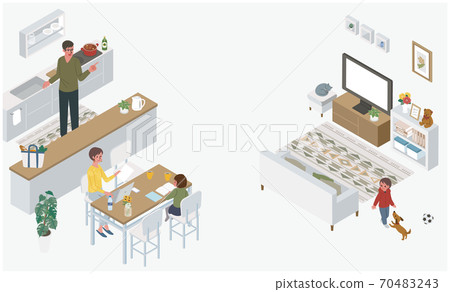 Isometric A woman teleworking in the living room, a man in the kitchen, a family illustration, banner size 70483243