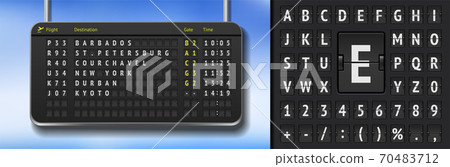 Black flight timetable with departures. 3D Airport scoreboard with cancelled flights due to covid pandemy. Airport alphabet board on dark background 70483712