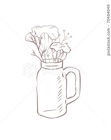 Pencil sketch jars with a bouquet of herbs and branches on a white background. Spring herbs in a vase. Vector rustic illustration 70484049