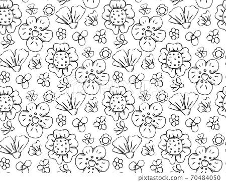 Seamless scribble sketch pattern with various flowers and petals. Hatching natural pattern. Vector rustic texture Seamless scribble sketch pattern with various flowers and petals. Hatching natural pattern. Vector rustic texture 70484050