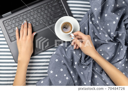 Flat lay top view workspace in cozy bedroom Flat lay top view workspace in cozy bedroom 70484726