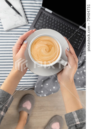 Flat lay top view workspace in cozy bedroom Flat lay top view workspace in cozy bedroom 70484731