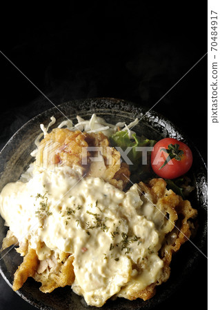 Hot chicken nanban bowl with plenty of tartar sauce with vegetables such as cherry tomatoes (black background, bird's-eye view) Hot chicken nanban bowl with plenty of tartar sauce with vegetables such as cherry tomatoes (black background, bird's-eye view) 70484917