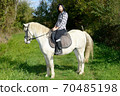 young beautiful brunette woman riding horse 70485198