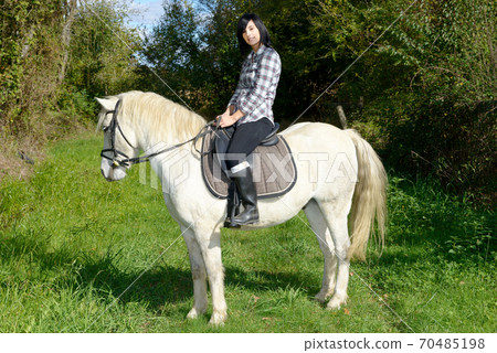 young beautiful brunette woman riding horse 70485198