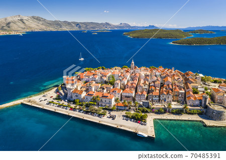 Aerial view of Korcula old town on Korcula island, Croatia Aerial view of Korcula old town on Korcula island, Croatia 70485391