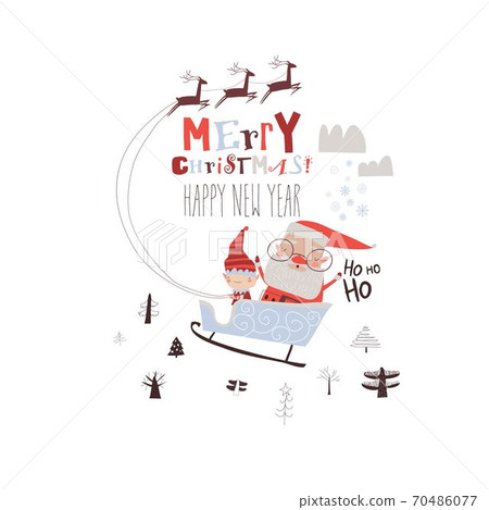 Happy Santa Claus riding sleigh with helper Happy Santa Claus riding sleigh with helper 70486077