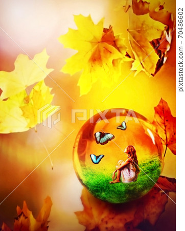Cycle seasons of child art. Hello autumn goodbye summer concept. 70486602