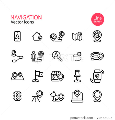 Map location and navigation line icon set. Pin, destination, GPS, mobile phone, flat, distance marker, traffic light. Vector on isolated white background. Eps 10 70488002