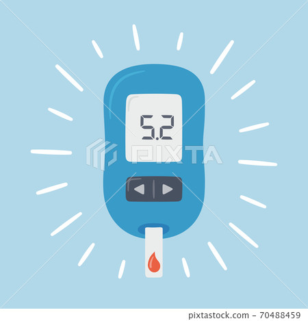 Portable glucometer with normal values. Blood glucose test. Blood sugar readings. Diabetes control and diagnostics. 70488459