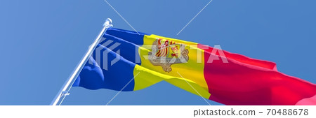3D rendering of the national flag of Andorra waving in the wind 3D rendering of the national flag of Andorra waving in the wind 70488678