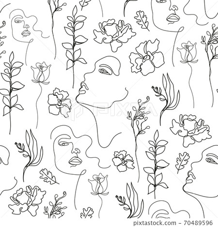 Vector seamless pattern. Continuous line art with woman face, flowers, leaves. Linear nature background. Use for package, cosmetics, decor. Fashion concept, feminine beauty minimalist Vector seamless pattern. Continuous line art with woman face, flowers, leaves. Linear nature background. Use for package, cosmetics, decor. Fashion concept, feminine beauty minimalist 70489596