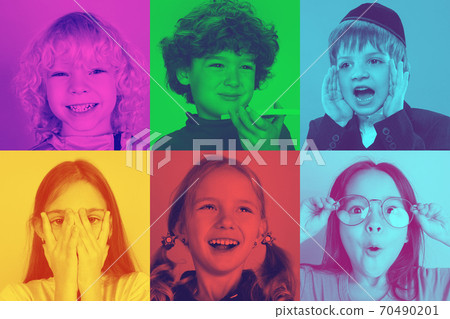 Collage of little boys and girls with bright facial expression on multicolored background. Trendy duotone effect. 70490201