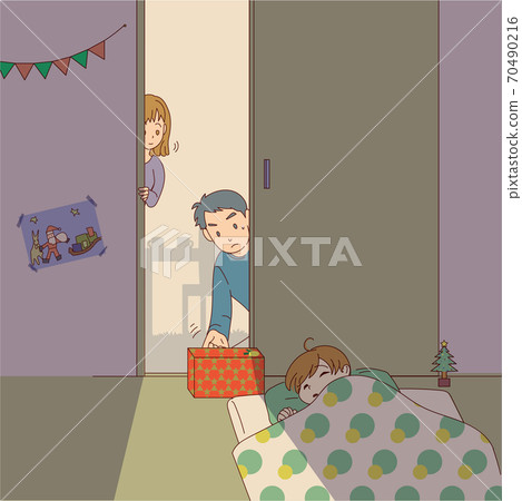 Father putting a present on the bedside of a child Father putting a present on the bedside of a child 70490216