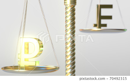 Ruble RUB sign weighs less than Swiss franc symbol on golden balance scales, conceptual 3d rendering Ruble RUB sign weighs less than Swiss franc symbol on golden balance scales, conceptual 3d rendering 70492315