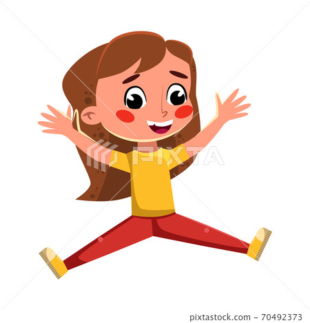 Beautiful Girl Happily Jumping with Arms and Legs Outstretched, Cute Preschool Kid Having Fun, Celebrating Holiday, Doing Sports Cartoon Style Vector Illustration 70492373