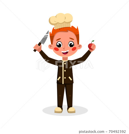 Boy Professional Chef Character Holding Knife and Apple, Cute Kid in Uniform and Hat Cooking Tasty Dish Cartoon Style Vector Illustration 70492392