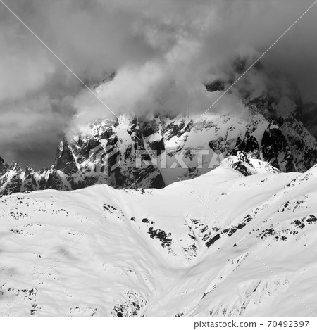 Black and white view on Mount Ushba in haze Black and white view on Mount Ushba in haze 70492397