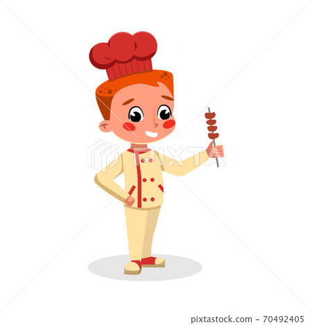 Boy Professional Chef Character with Kebab Skewer, Cute Kid in Uniform and Hat Cooking Tasty Dish Cartoon Style Vector Illustration Boy Professional Chef Character with Kebab Skewer, Cute Kid in Uniform and Hat Cooking Tasty Dish Cartoon Style Vector Illustration 70492405
