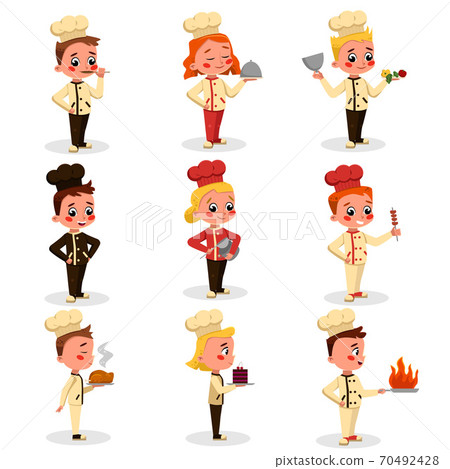 Children Professional Chefs Characters Cooking Tasty Dishes Set, Cute Boys and Girls in Uniform and Hat with Kitchen Tools Cartoon Style Vector Illustration 70492428