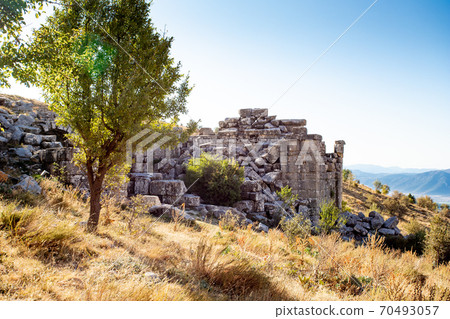 A beautiful view of mountains with old ruins 70493057