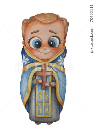 christian orthodoxy priest. Watercolor. A nice male priest stands in blue vestments and holding a cross. On white background. Christianity and religion concept 70493111