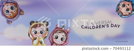 Holiday World Children's Day 20 November. Horizontal banner with cute funny babies in funny kigurumi pajamas - unicorn and bear. Watercolor. Hand drawing. For design and decoration 70493112