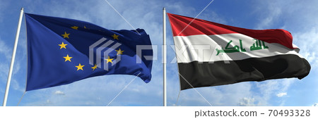 Flying flags of the European Union and Iraq on high flagpoles. 3d rendering Flying flags of the European Union and Iraq on high flagpoles. 3d rendering 70493328