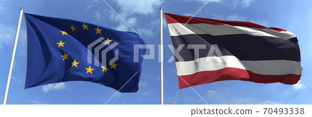 Flying flags of the European Union and Thailand on sky background, 3d rendering Flying flags of the European Union and Thailand on sky background, 3d rendering 70493338