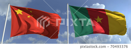 Flying flags of China and Cameroon on sky background, 3d rendering Flying flags of China and Cameroon on sky background, 3d rendering 70493376
