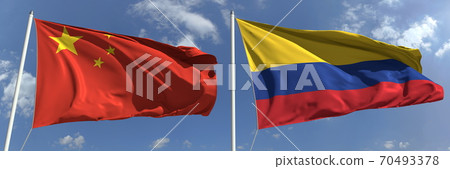 Waving flags of China and Colombia on flagpoles, 3d rendering Waving flags of China and Colombia on flagpoles, 3d rendering 70493378