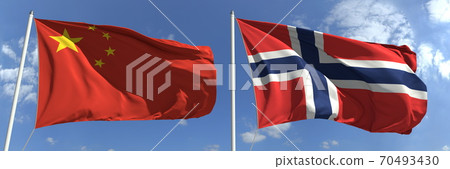 Flags of China and Norway on flagpoles. 3d rendering 70493430