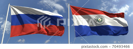 Flying flags of Russia and Paraguay on high flagpoles. 3d rendering Flying flags of Russia and Paraguay on high flagpoles. 3d rendering 70493466