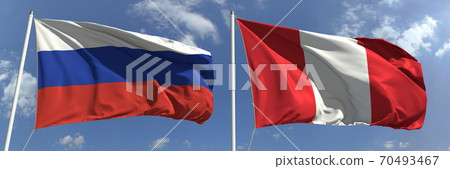 Flying flags of Russian Federation and Peru on sky background, 3d rendering Flying flags of Russian Federation and Peru on sky background, 3d rendering 70493467