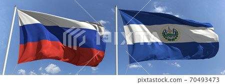 Waving flags of Russia and El Salvador on flagpoles, 3d rendering Waving flags of Russia and El Salvador on flagpoles, 3d rendering 70493473