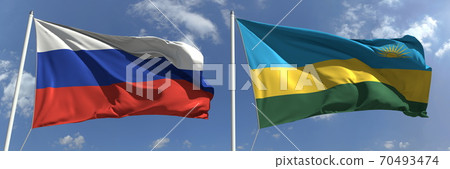 Flags of Russia and Rwanda on flagpoles. 3d rendering Flags of Russia and Rwanda on flagpoles. 3d rendering 70493474