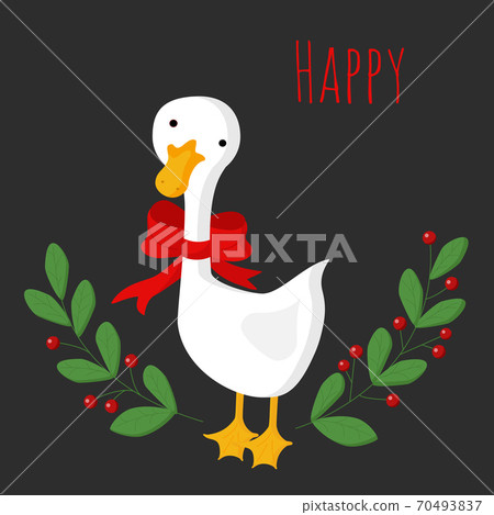 cute Christmas goose with a red bow in a frame of green branches with berries. Greeting card for Christmas on a dark background. 70493837