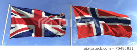Waving flags of Great Britain and Norway on flagpoles, 3d rendering 70493931
