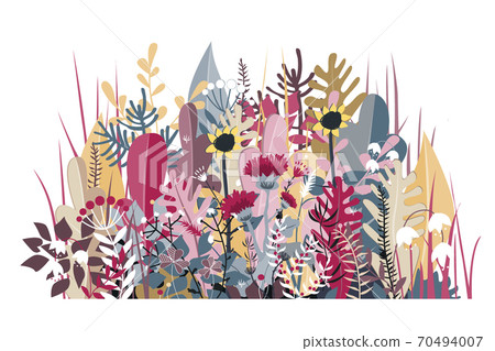 Doodle forest background of stylized autumn flowers, leaves and trees for greeting cards, textile, or banners. Meadow or forest border Doodle forest background of stylized autumn flowers, leaves and trees for greeting cards, textile, or banners. Meadow or forest border 70494007