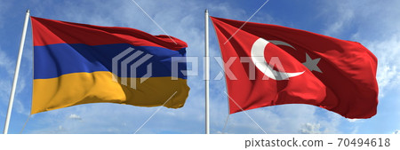 Flying flags of Armenia and Turkey on high flagpoles. 3d rendering Flying flags of Armenia and Turkey on high flagpoles. 3d rendering 70494618