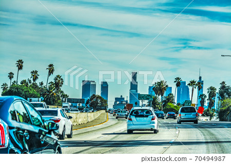 Traffic in Hollywood freeway with downtown L.A. in the background Traffic in Hollywood freeway with downtown L.A. in the background 70494987