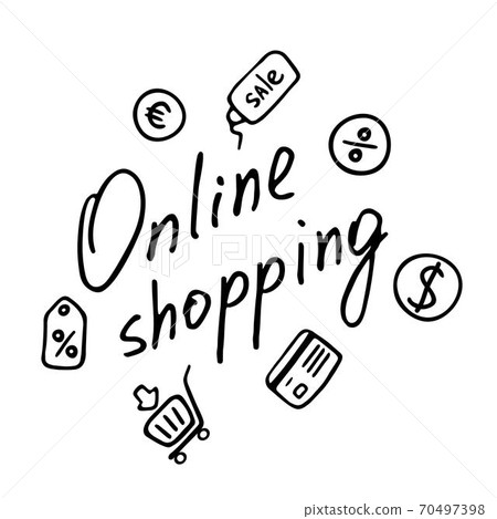 Online shopping inscription. E-store flat icons. Vector doodle design 70497398