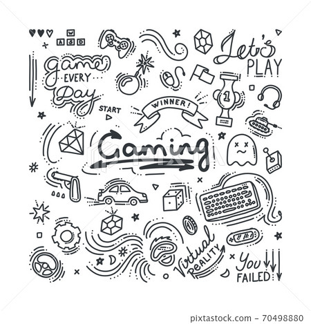 Gaming doodle set. Vector illustration 70498880