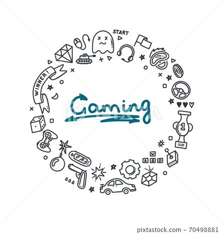 Gaming doodle set. Virtual reality, computers, game genres and related objects. Vector illustration 70498881