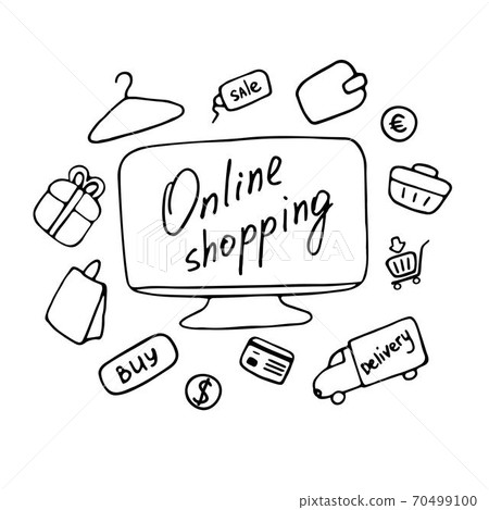 Online shopping concept. Online purchases from home. Vector doodle design Online shopping concept. Online purchases from home. Vector doodle design 70499100