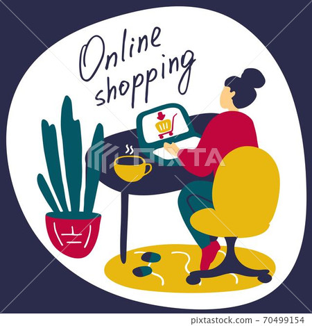 Stay and work from home. Online shopping from home diring epidemic. Social distance, quarantine concept. Flat vector illustration Stay and work from home. Online shopping from home diring epidemic. Social distance, quarantine concept. Flat vector illustration 70499154