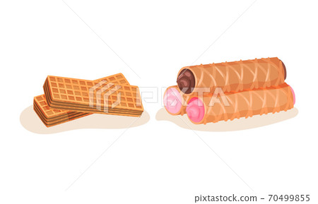 Waffle with Textured Surface and Stuffed Wafer Rolls Vector Set Waffle with Textured Surface and Stuffed Wafer Rolls Vector Set 70499855